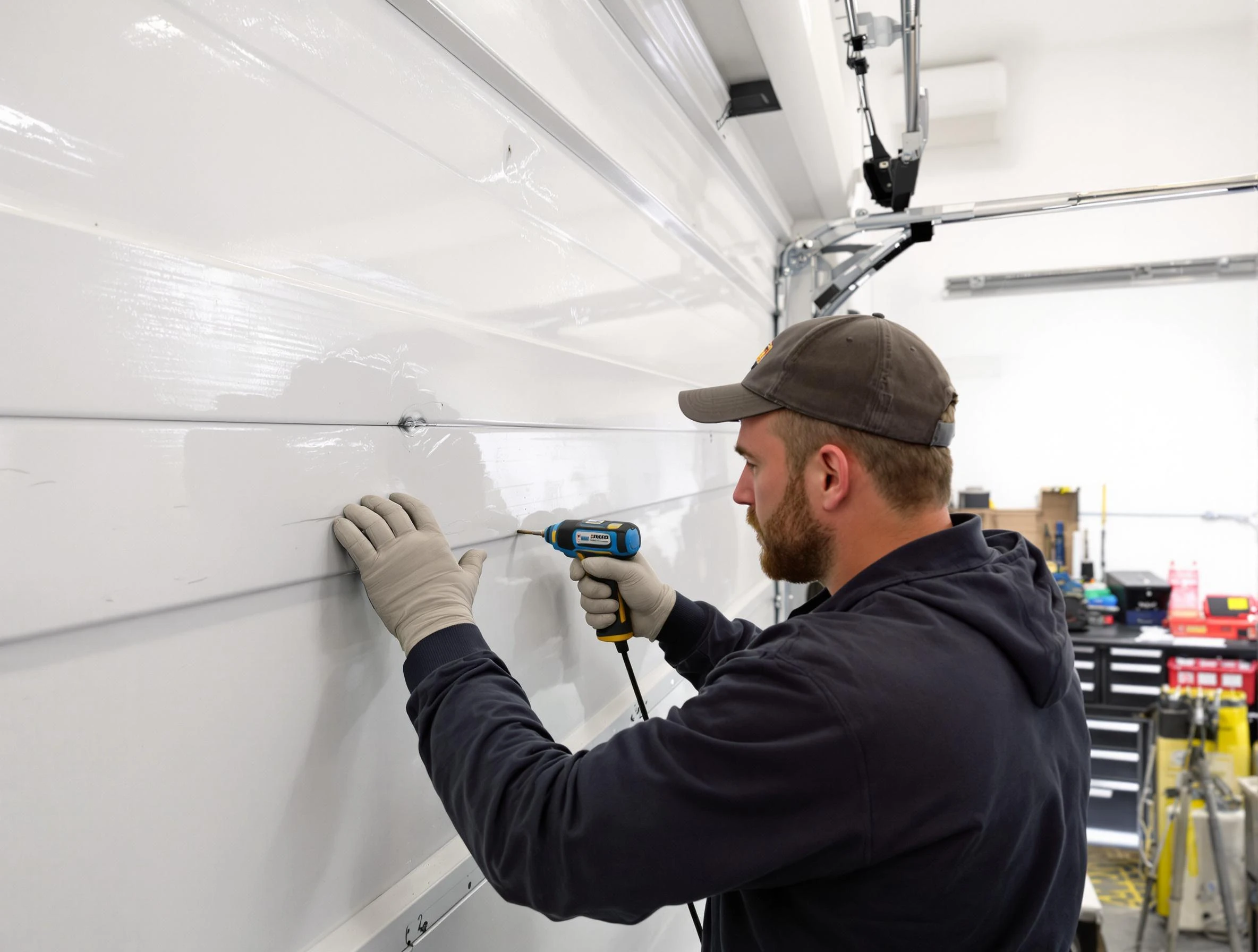 Brighton Garage Door Repair technician demonstrating precision dent removal techniques on a Brighton garage door
